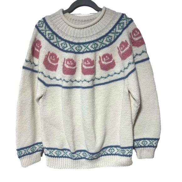 𝅺vintage Women’s Hand Knit Crew Neck Fair Isle Nordic Ski Sweater White - Picture 2 of 7